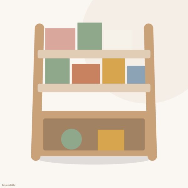 Kinderregal aus Holz mit zwei Bücherfächern und großem Stauraumfach unten