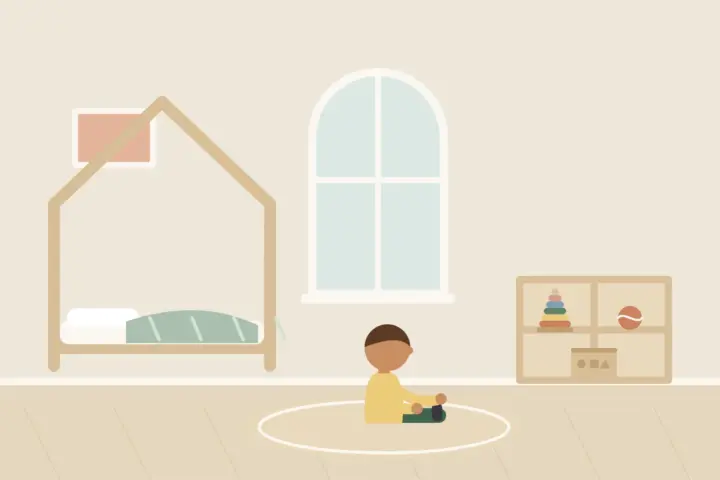 Montessori-Kinderzimmer mit Bodenbett, niedrigem Regal und Spielteppich